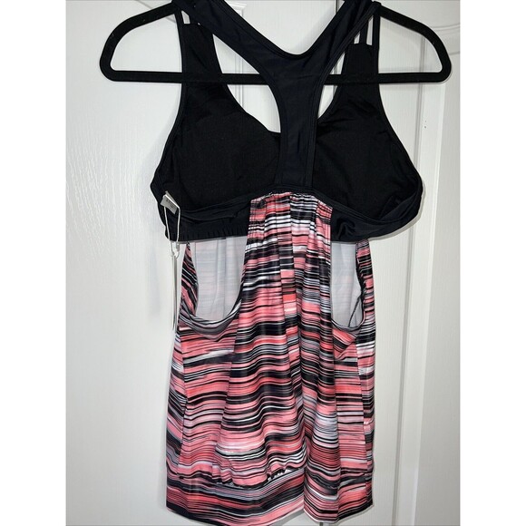 Yonique Women Swim Top Bathing Tankini Pink Black Stripes Racerback L Padded NWT - Picture 6 of 14
